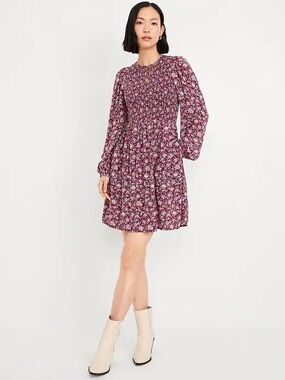 NWT - Old Navy Burgundy Floral Long-Sleeve Smocked Mini Dress Size Medium Tall